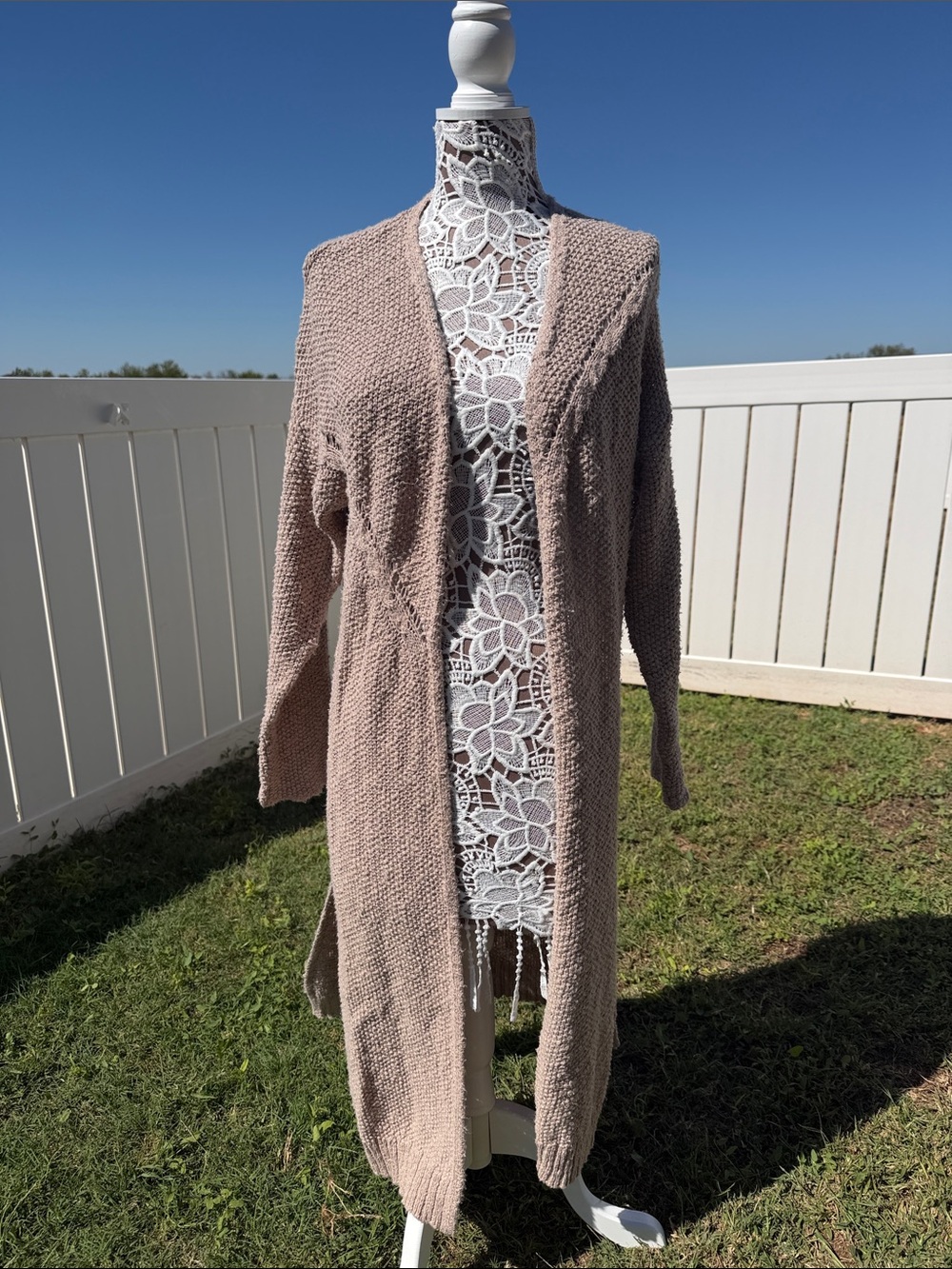 Natural Life Earthy Boho Open Weave Taupe Longline Lagenlook Duster - Size L/XL